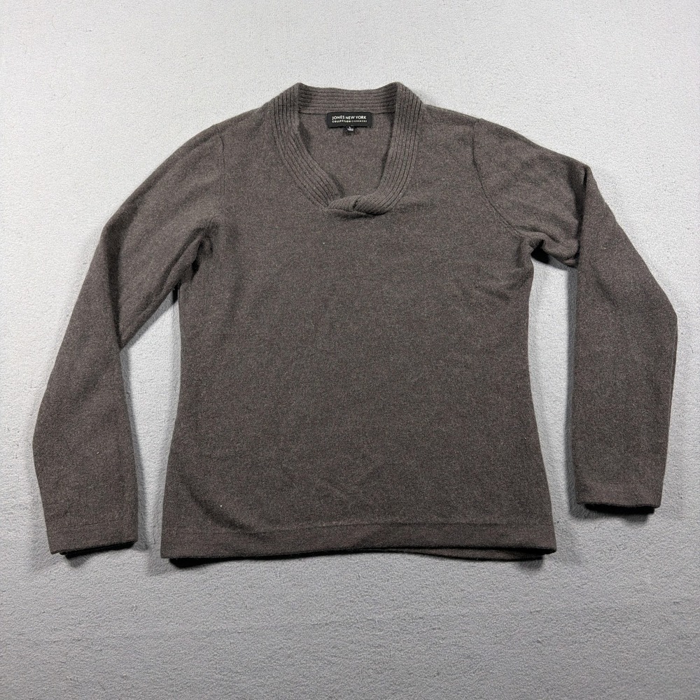 Jones New York Sweater Womens Large Brown‎ Cashmere V Neck Pullover Soft Knit